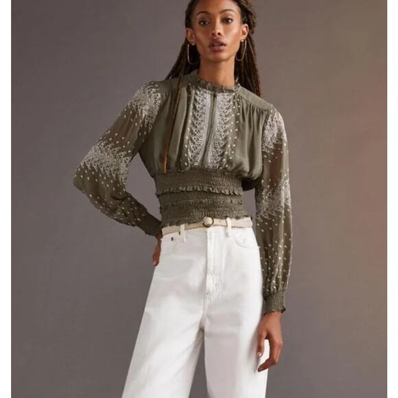 Anthropologie Tops - Anthropologie Olive Green Embroidered Blouse Size S